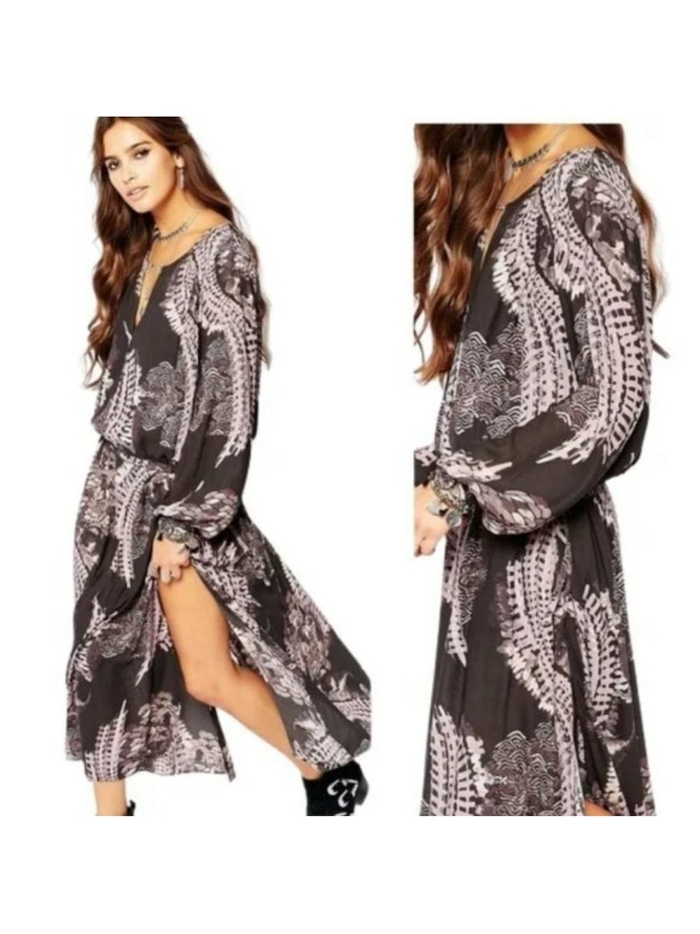 Free People Black Maxi Dress with Pale Pink Print